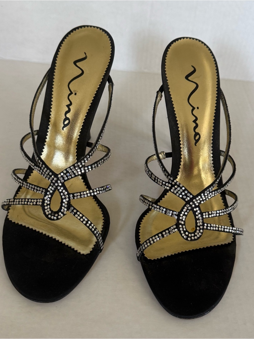 Nina Black Strappy Rhinestone Evening Heels